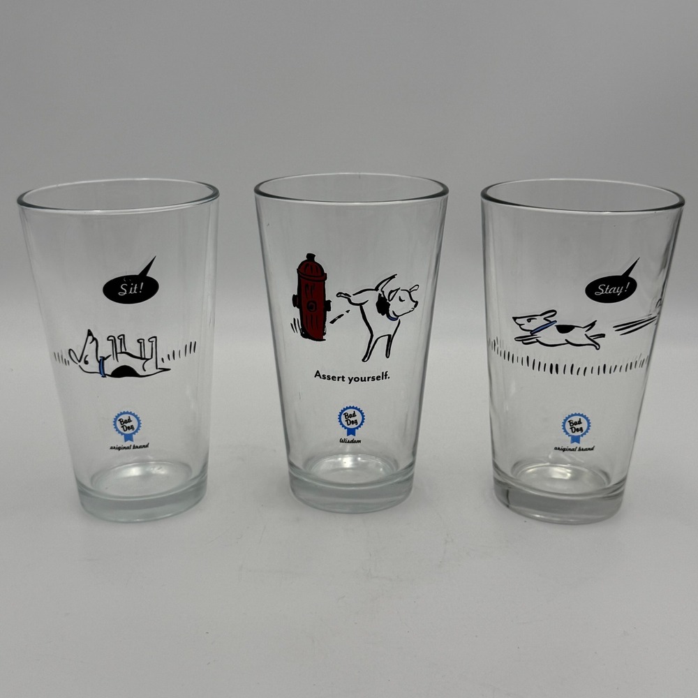 Bad Dog Wisdom Pint Glass Set 3pc Humor Sit Stay Assert Yourself Dog Lover Gift
